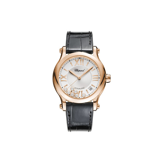 Chopard Happy Sport watch in 18k ethical rose gold with moving diamonds and sapphires