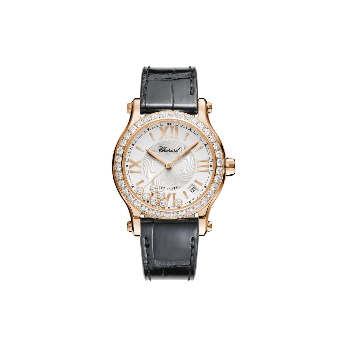 Chopard Happy Sport watch in 18k ethical rose gold with moving diamonds and sapphires