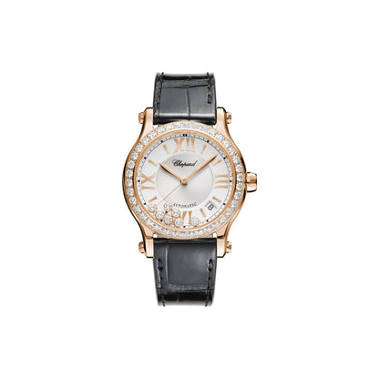 Chopard Happy Sport watch in 18k ethical rose gold with moving diamonds and sapphires
