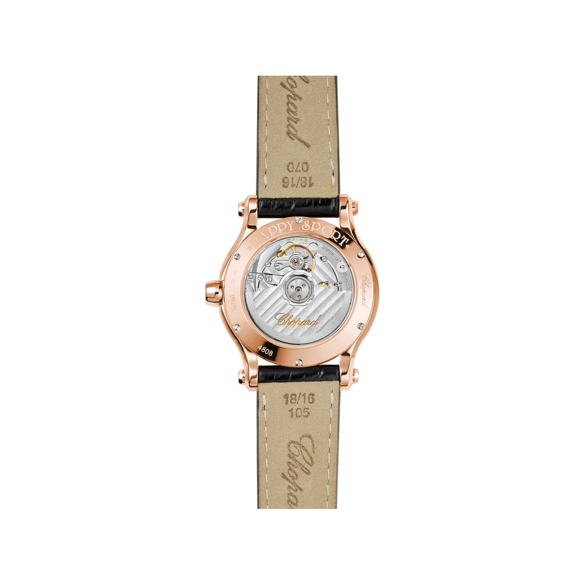 Chopard Happy Sport watch in 18k ethical rose gold with moving diamonds and sapphires, view 2