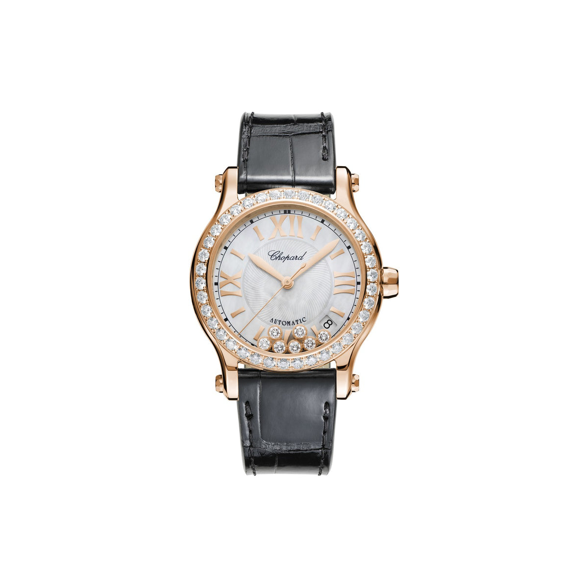 Chopard Happy Sport watch in 18k ethical rose gold with moving diamonds and sapphires