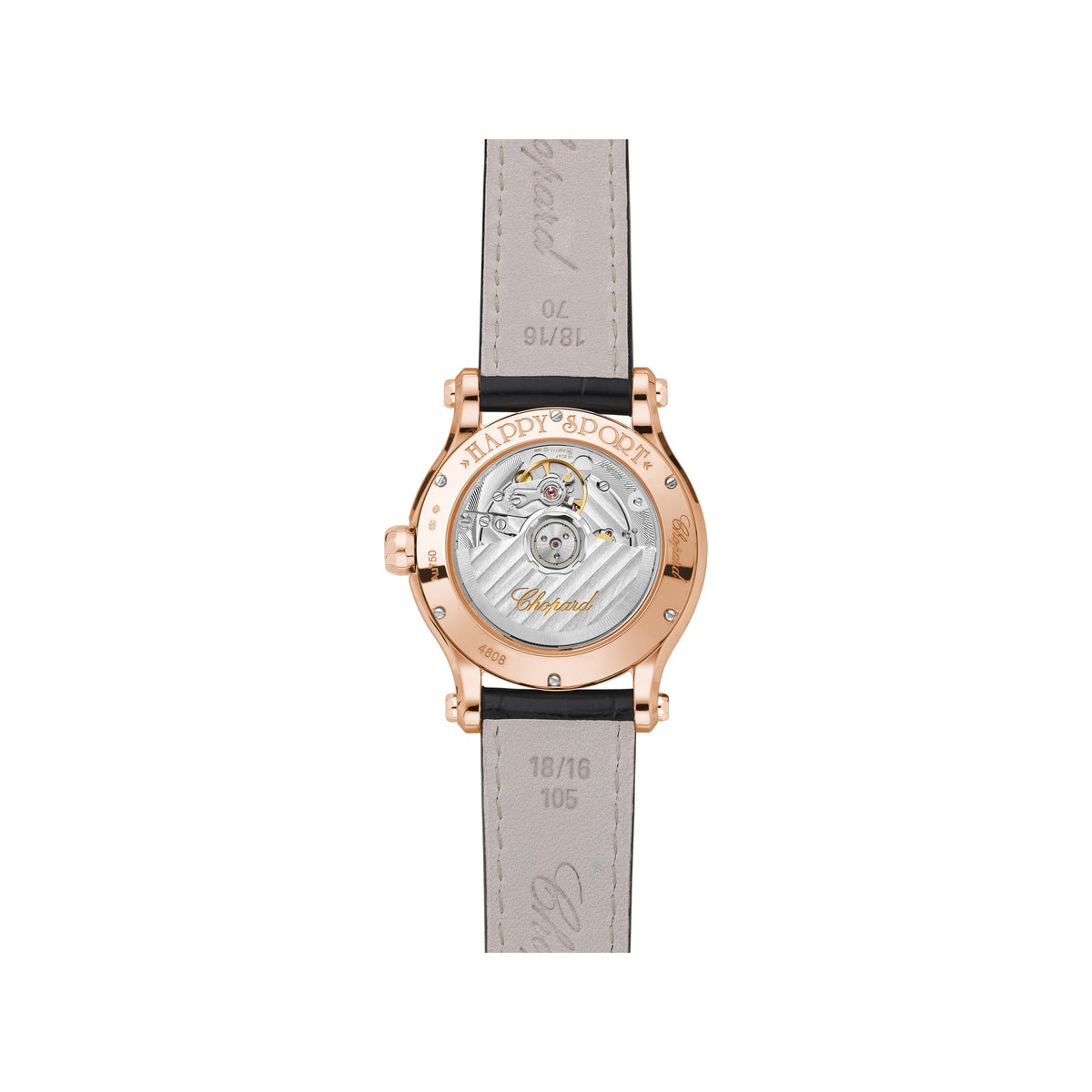 Chopard Happy Sport watch in 18k ethical rose gold with moving diamonds and sapphires, view 2