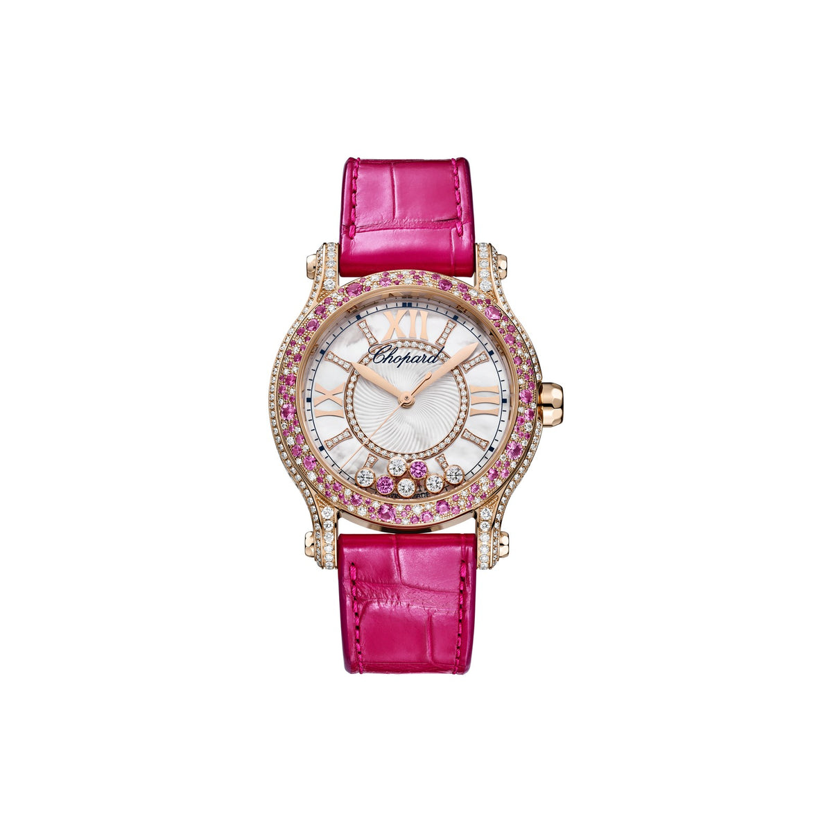 Chopard Happy Sport watch in 18k ethical rose gold with moving diamonds and sapphires