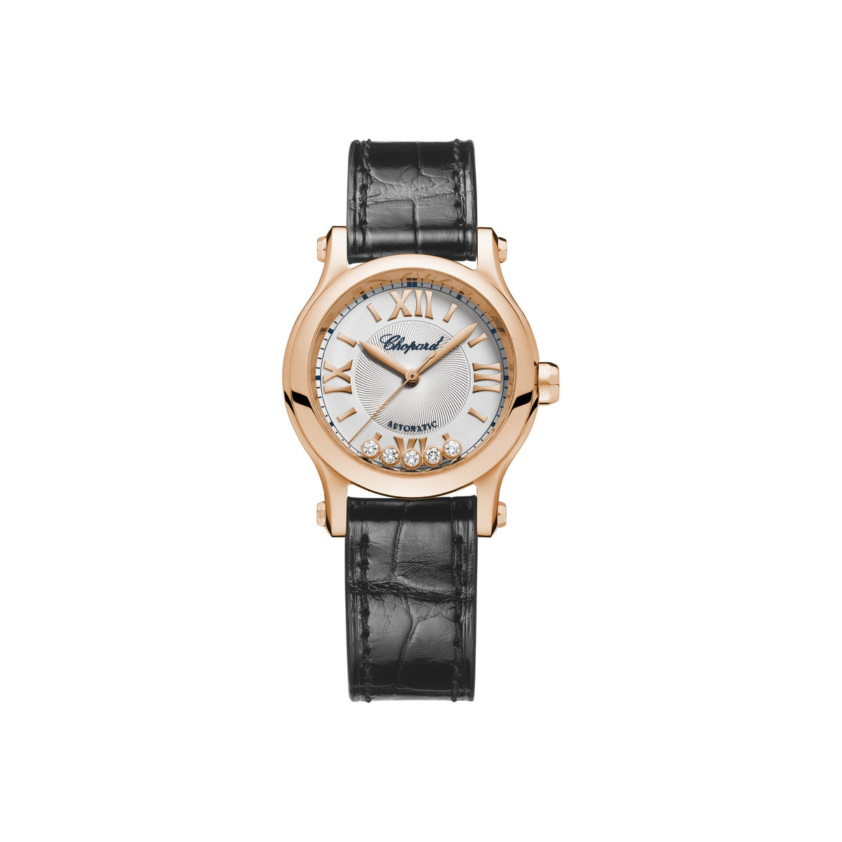Chopard Happy Sport watch in 18k ethical rose gold with moving diamonds and sapphires