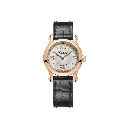 Chopard Happy Sport watch in 18k ethical rose gold with moving diamonds and sapphires