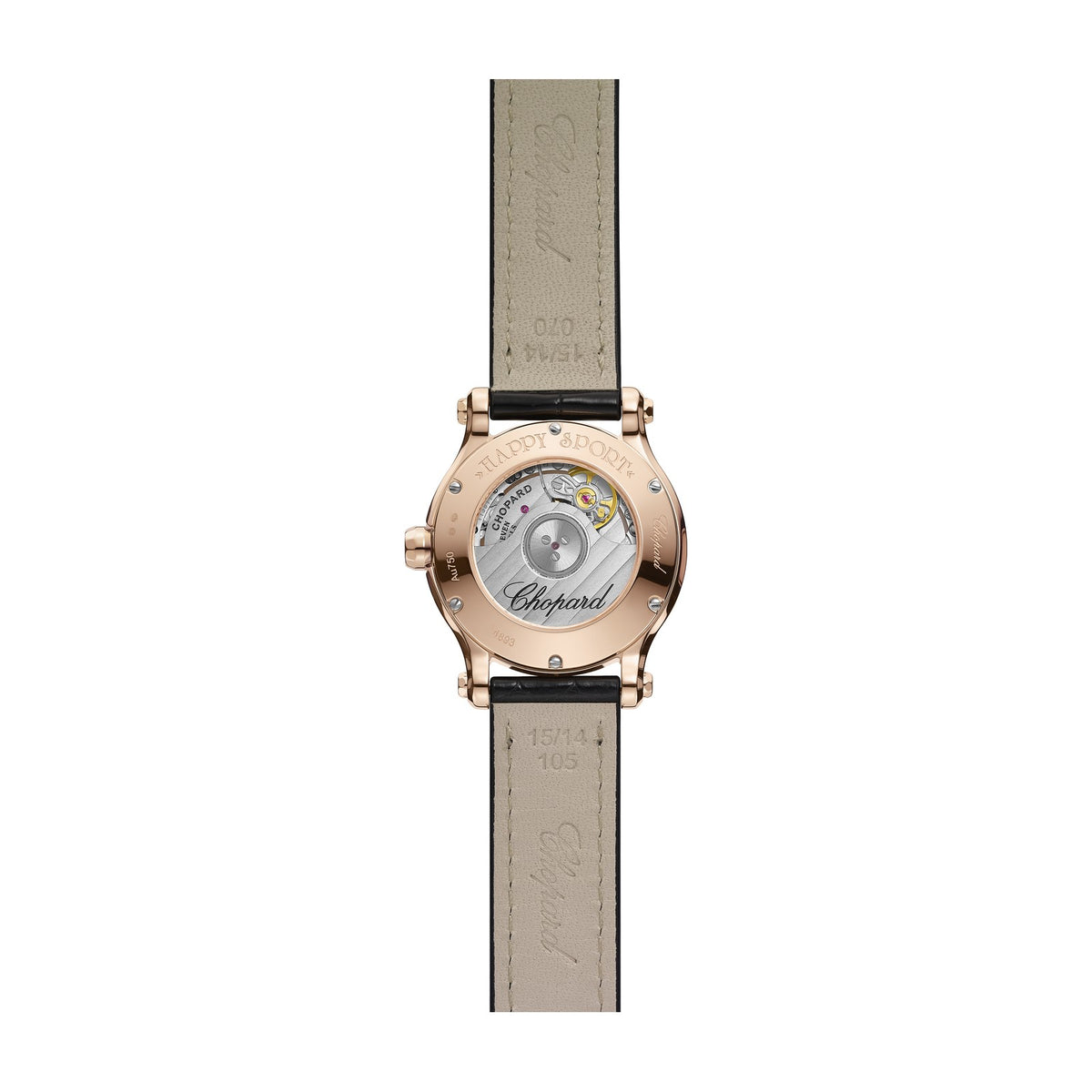 Chopard Happy Sport watch in 18k ethical rose gold with moving diamonds and sapphires, view 2