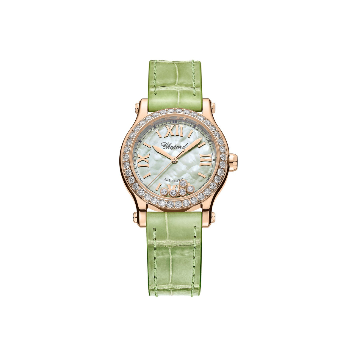 Chopard Happy Sport watch in 18k ethical rose gold with moving diamonds and sapphires