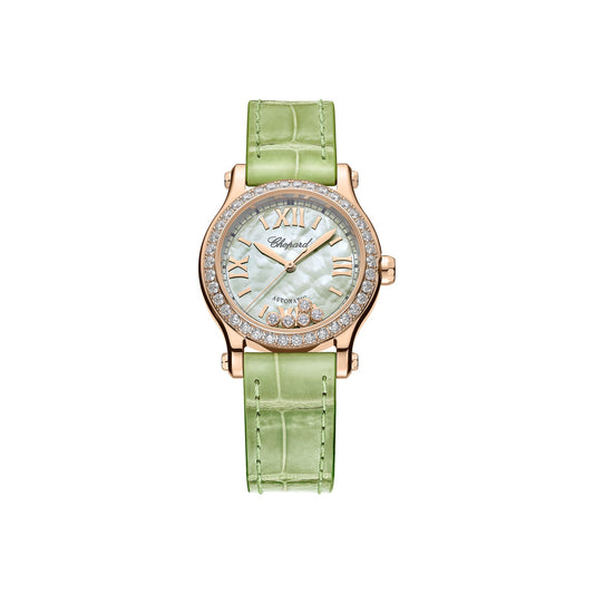 Chopard Happy Sport watch in 18k ethical rose gold with moving diamonds and sapphires