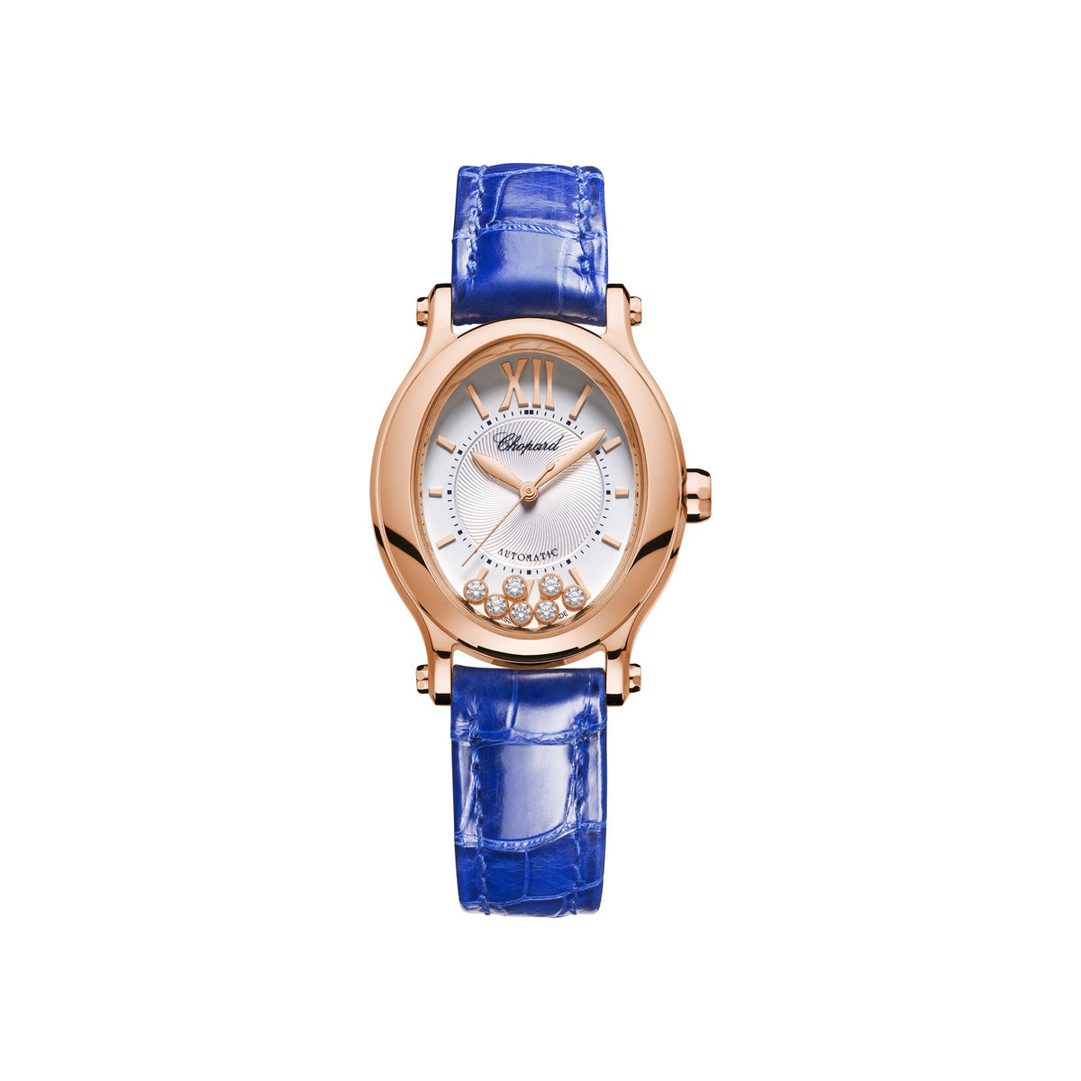 Chopard Happy Sport watch in 18k ethical rose gold with moving diamonds and sapphires