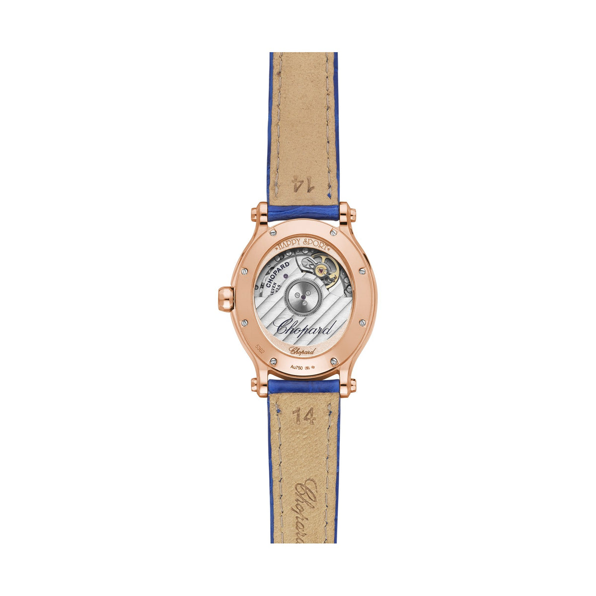 Chopard Happy Sport watch in 18k ethical rose gold with moving diamonds and sapphires, view 2
