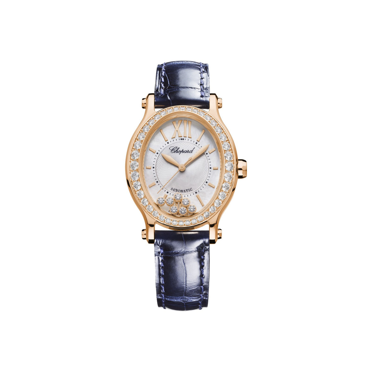 Chopard Happy Sport watch in 18k ethical rose gold with moving diamonds and sapphires