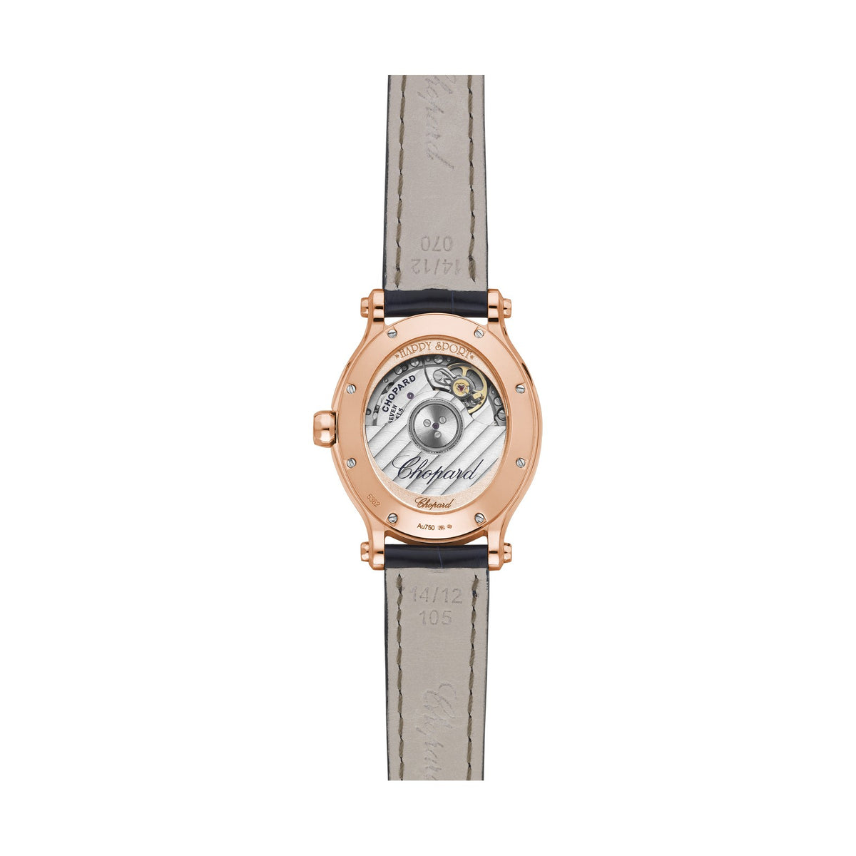 Chopard Happy Sport watch in 18k ethical rose gold with moving diamonds and sapphires, view 2