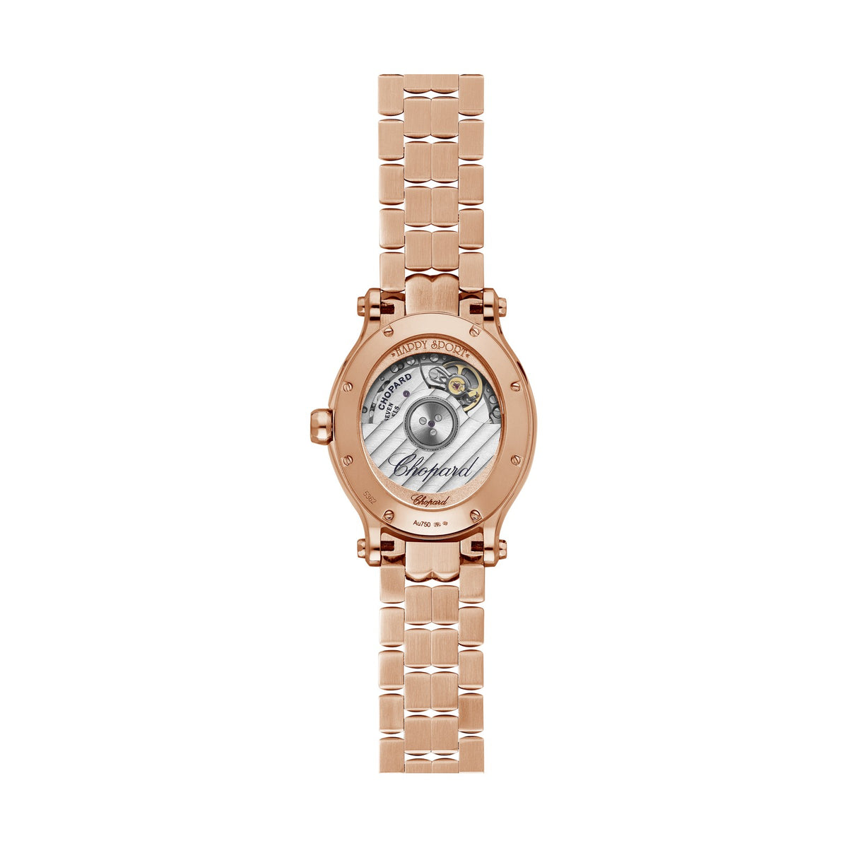 Chopard Happy Sport watch in 18k ethical rose gold with moving diamonds and sapphires, view 2