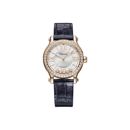 Chopard Happy Sport watch in 18k ethical rose gold with moving diamonds and sapphires