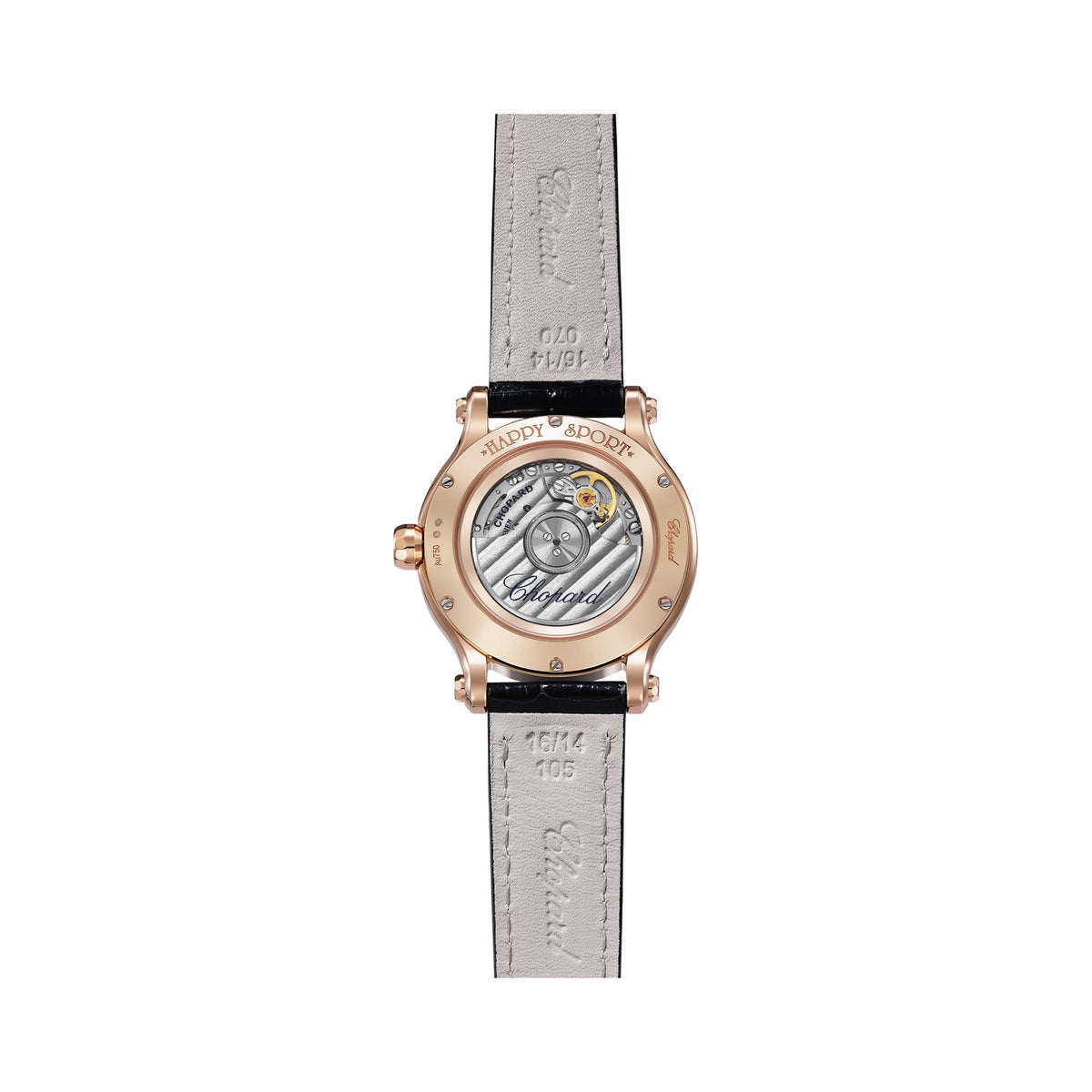 Chopard Happy Sport watch in 18k ethical rose gold with moving diamonds and sapphires, view 2