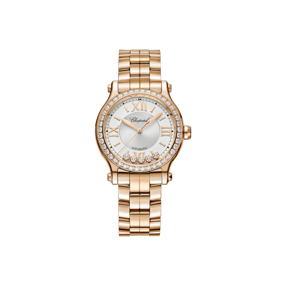 Chopard Happy Sport watch in 18k ethical rose gold with moving diamonds and sapphires