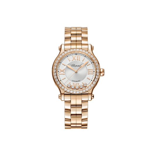 Chopard Happy Sport watch in 18k ethical rose gold with moving diamonds and sapphires