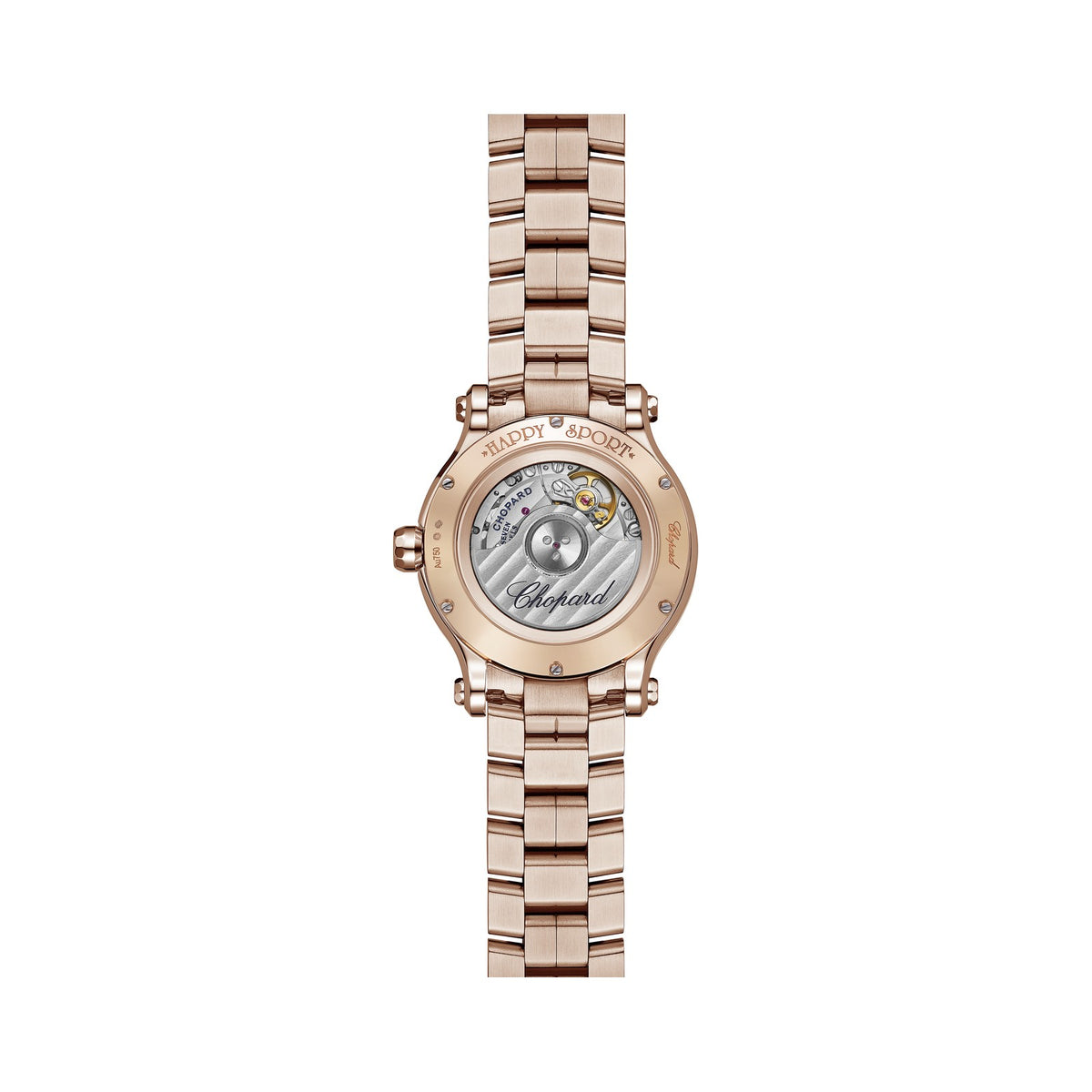 Chopard Happy Sport watch in 18k ethical rose gold with moving diamonds and sapphires, view 2
