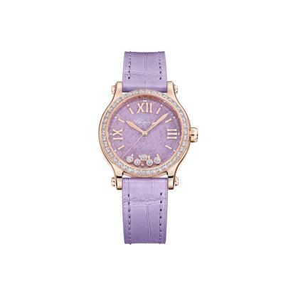 Chopard Happy Sport watch in 18k ethical rose gold with moving diamonds and amethysts