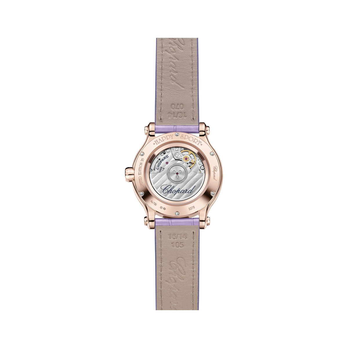 Chopard Happy Sport watch in 18k ethical rose gold with moving diamonds and amethysts, view 2