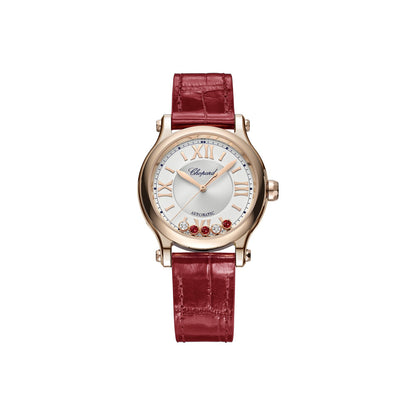 Chopard Happy Sport watch in 18k ethical rose gold with moving diamonds and rubies