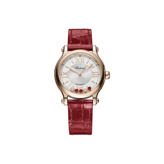Chopard Happy Sport watch in 18k ethical rose gold with moving diamonds and rubies