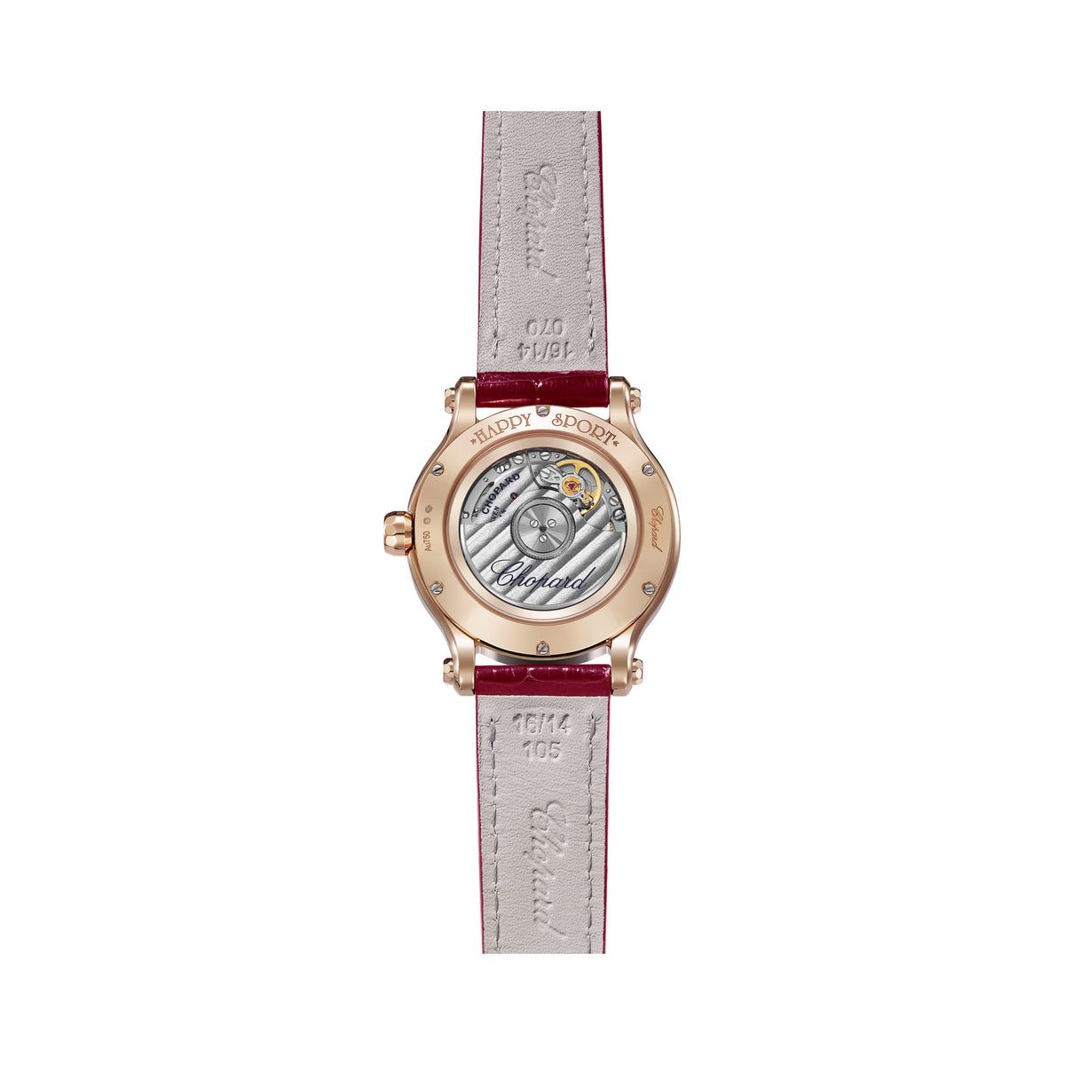 Chopard Happy Sport watch in 18k ethical rose gold with moving diamonds and rubies, view 2