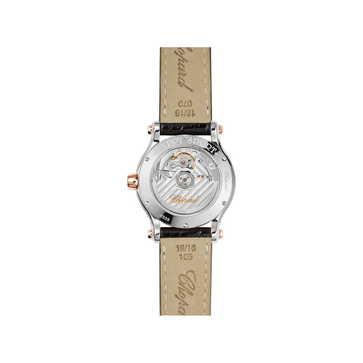 Chopard Happy Sport watch in 18k ethical rose gold and stainless steel with moving diamonds, view 2