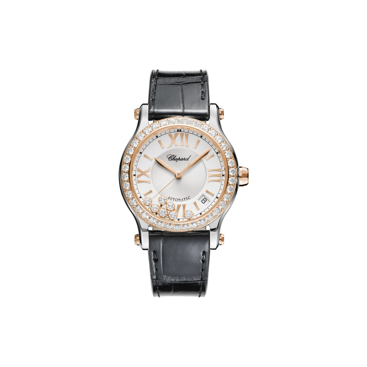 Chopard Happy Sport watch in 18k ethical rose gold and stainless steel with moving diamonds and sapphires