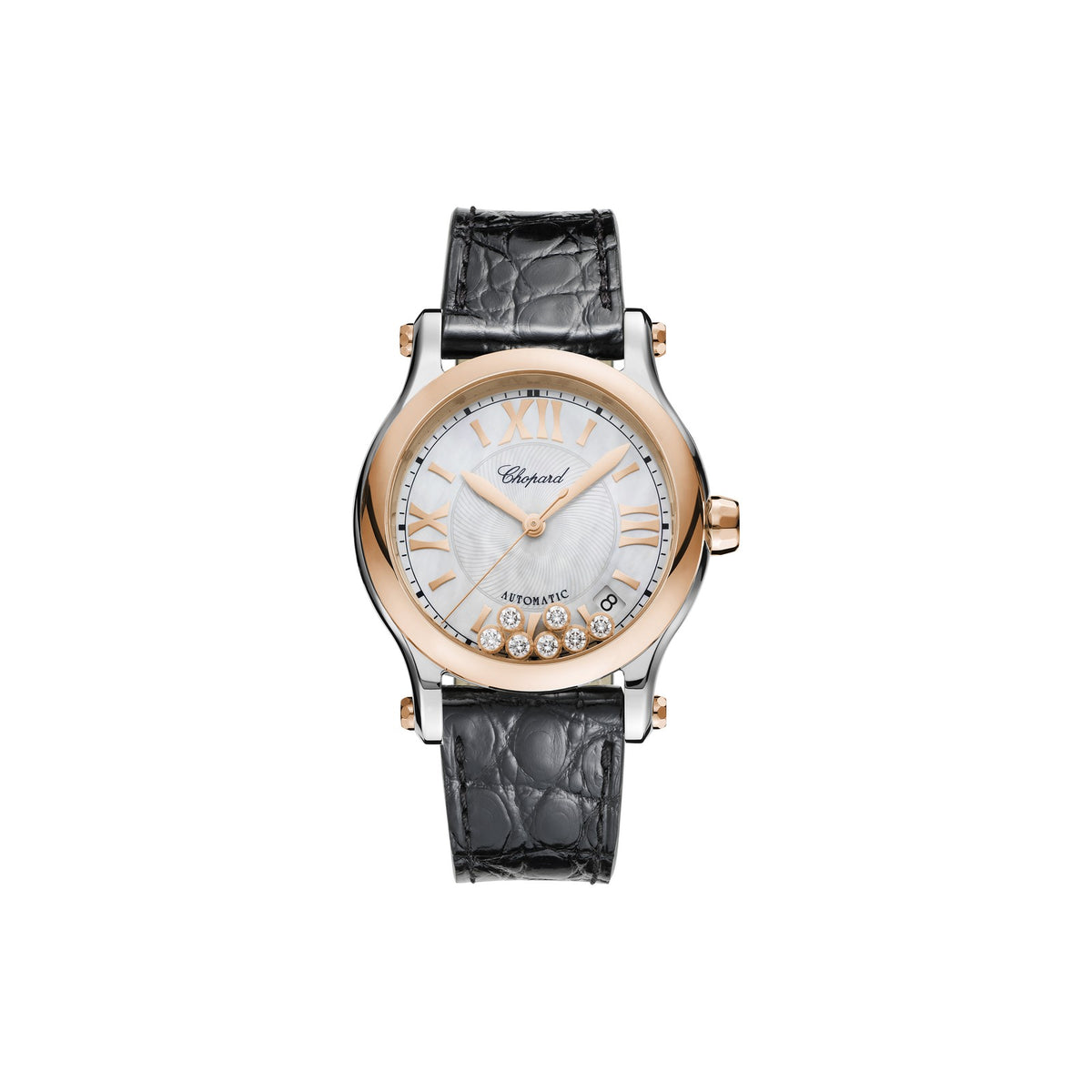 Chopard Happy Sport watch in 18k ethical rose gold and stainless steel with moving diamonds and sapphires