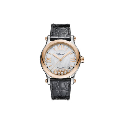 Chopard Happy Sport watch in 18k ethical rose gold and stainless steel with moving diamonds and sapphires