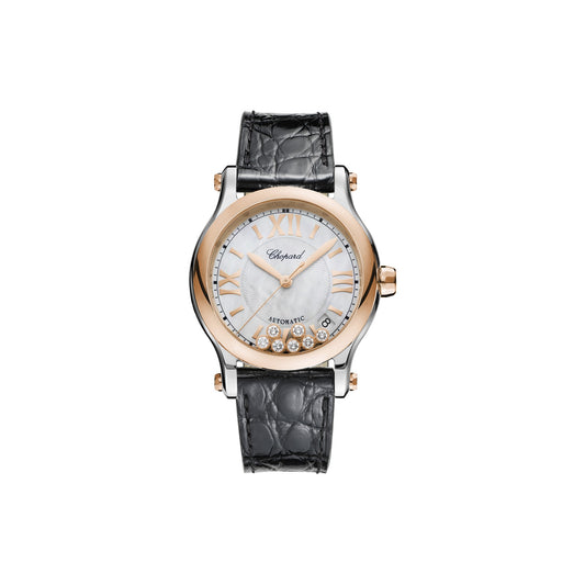 Chopard Happy Sport watch in 18k ethical rose gold and stainless steel with moving diamonds and sapphires