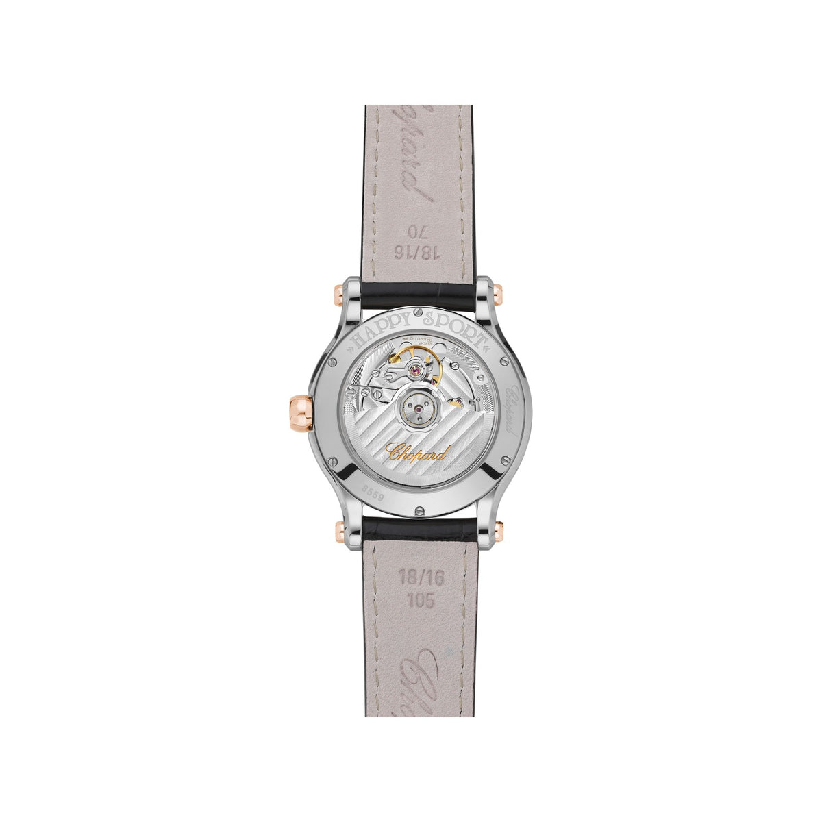 Chopard Happy Sport watch in 18k ethical rose gold and stainless steel with moving diamonds and sapphires, view 2