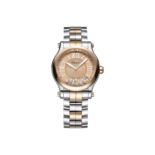 Chopard Happy Sport watch in 18k ethical rose gold and stainless steel with moving diamonds and sapphires
