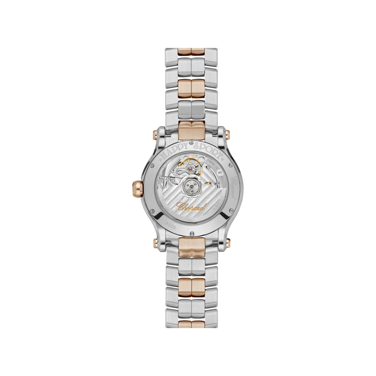 Chopard Happy Sport watch in 18k ethical rose gold and stainless steel with moving diamonds and sapphires, view 2