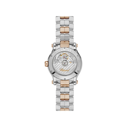Chopard Happy Sport watch in 18k ethical rose gold and stainless steel with moving diamonds and sapphires, view 2