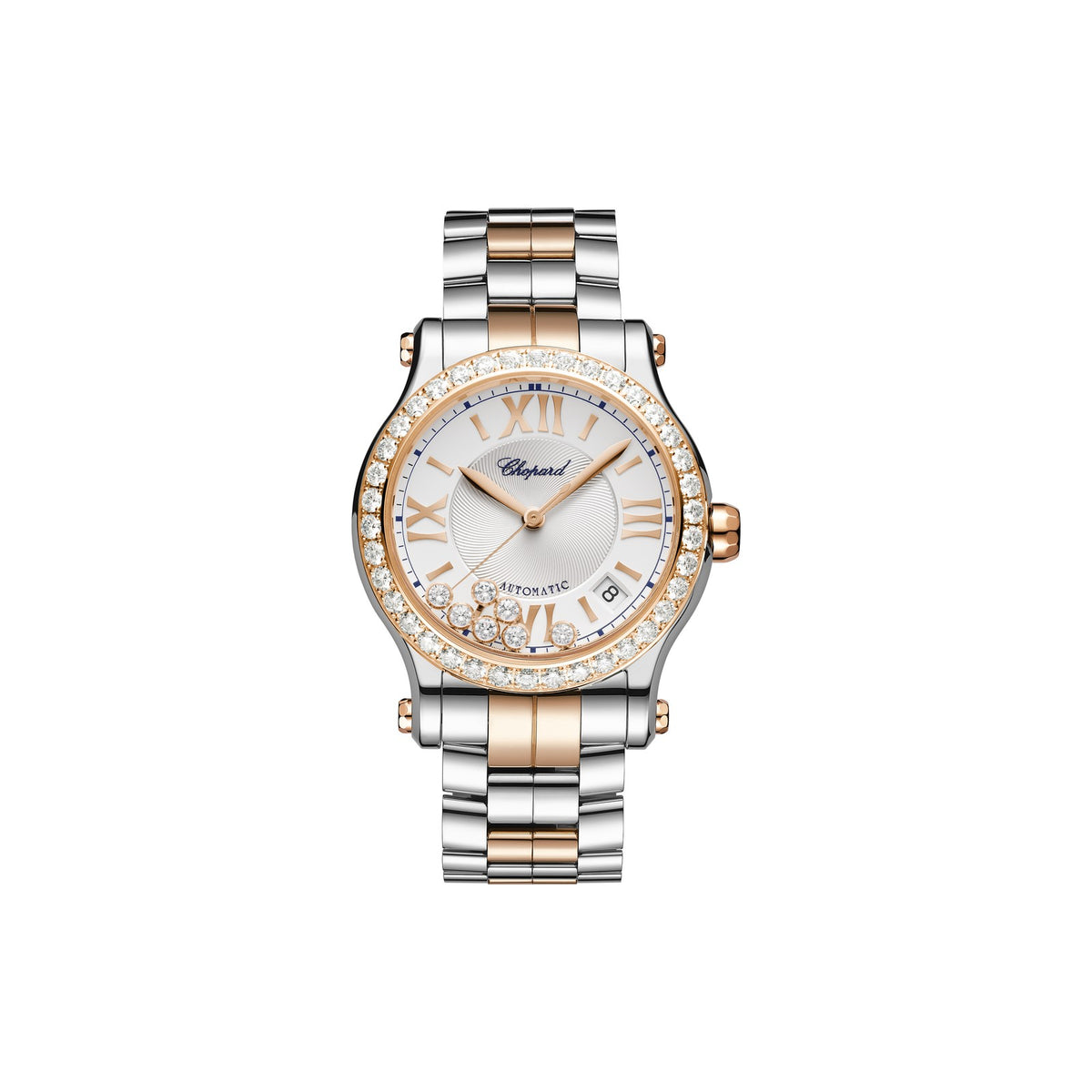 Chopard Happy Sport watch in 18k ethical rose gold and stainless steel with moving diamonds and sapphires