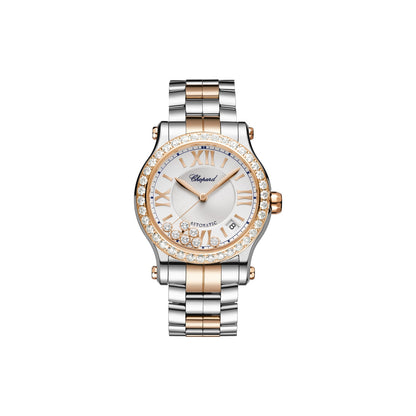 Chopard Happy Sport watch in 18k ethical rose gold and stainless steel with moving diamonds and sapphires