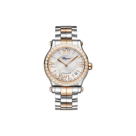 Chopard Happy Sport watch in 18k ethical rose gold and stainless steel with moving diamonds and sapphires