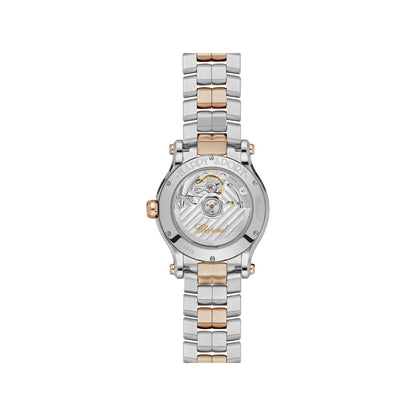 Chopard Happy Sport watch in 18k ethical rose gold and stainless steel with moving diamonds and sapphires, view 2