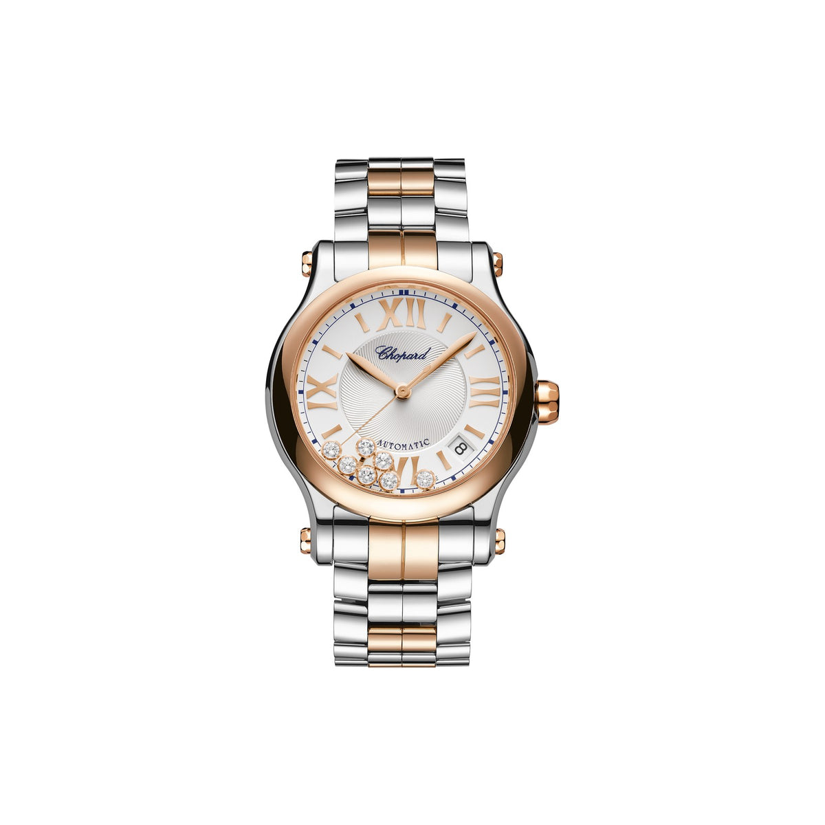 Chopard Happy Sport watch in 18k ethical rose gold and stainless steel with moving diamonds and sapphires