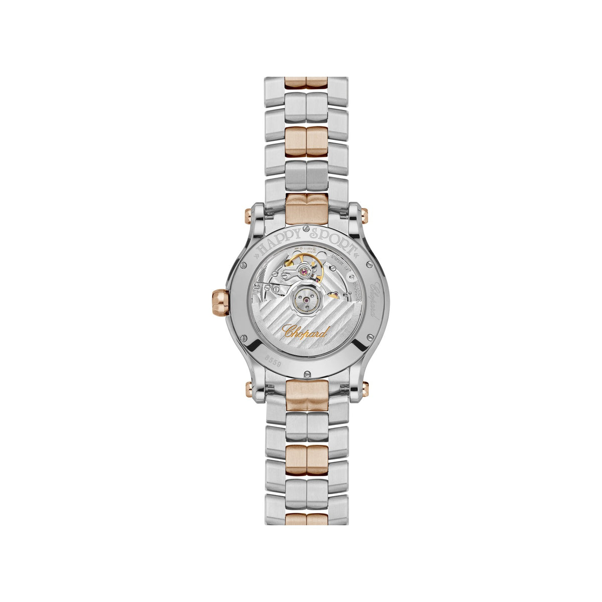Chopard Happy Sport watch in 18k ethical rose gold and stainless steel with moving diamonds and sapphires, view 2