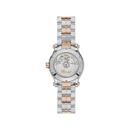 Chopard Happy Sport watch in 18k ethical rose gold and stainless steel with moving diamonds and sapphires, view 2