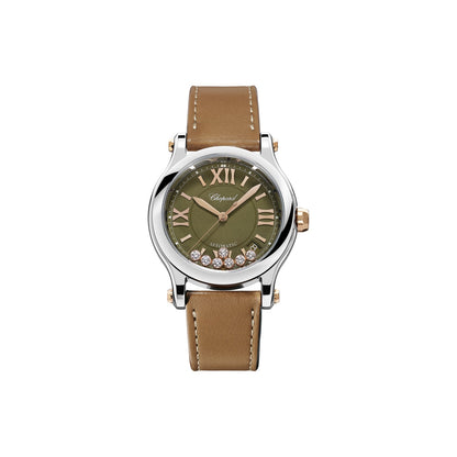 Chopard Happy Sport watch in 18k ethical rose gold and stainless steel with moving diamonds and tourmalines