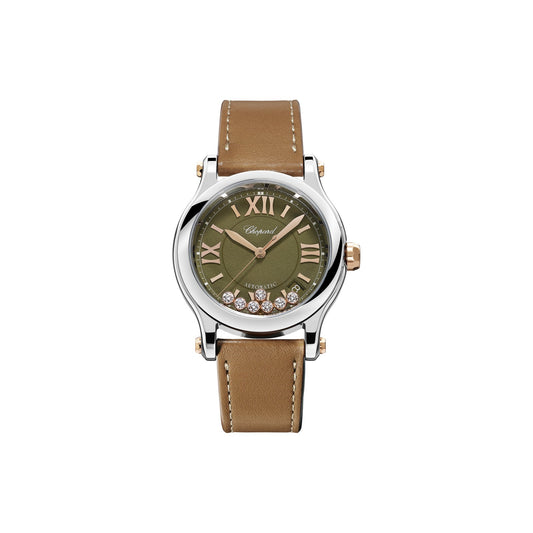 Chopard Happy Sport watch in 18k ethical rose gold and stainless steel with moving diamonds and tourmalines