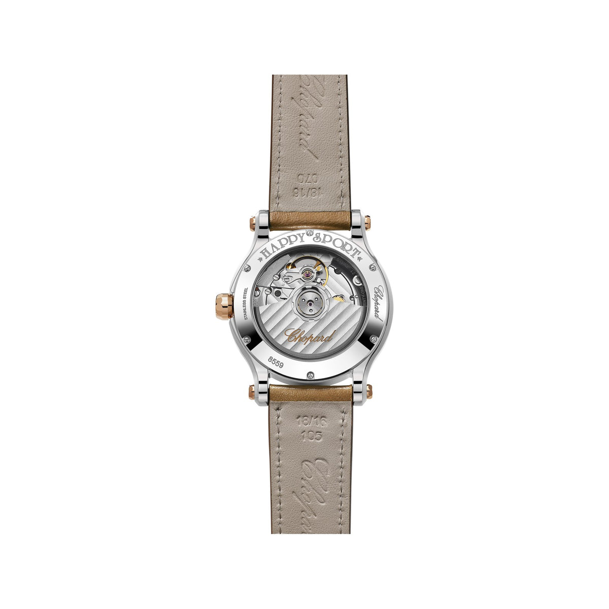 Chopard Happy Sport watch in 18k ethical rose gold and stainless steel with moving diamonds and tourmalines, view 2