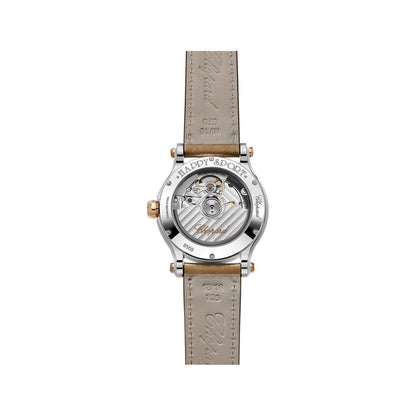 Chopard Happy Sport watch in 18k ethical rose gold and stainless steel with moving diamonds and tourmalines, view 2
