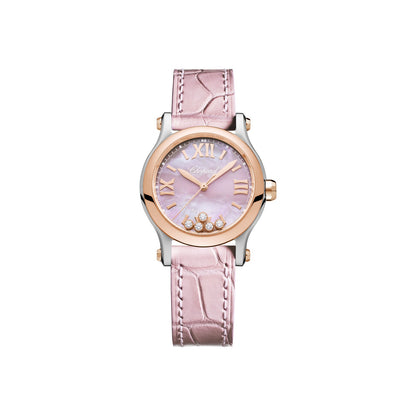 Chopard Happy Sport watch in 18k ethical rose gold and stainless steel with moving diamonds and sapphires