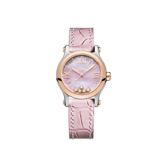 Chopard Happy Sport watch in 18k ethical rose gold and stainless steel with moving diamonds and sapphires