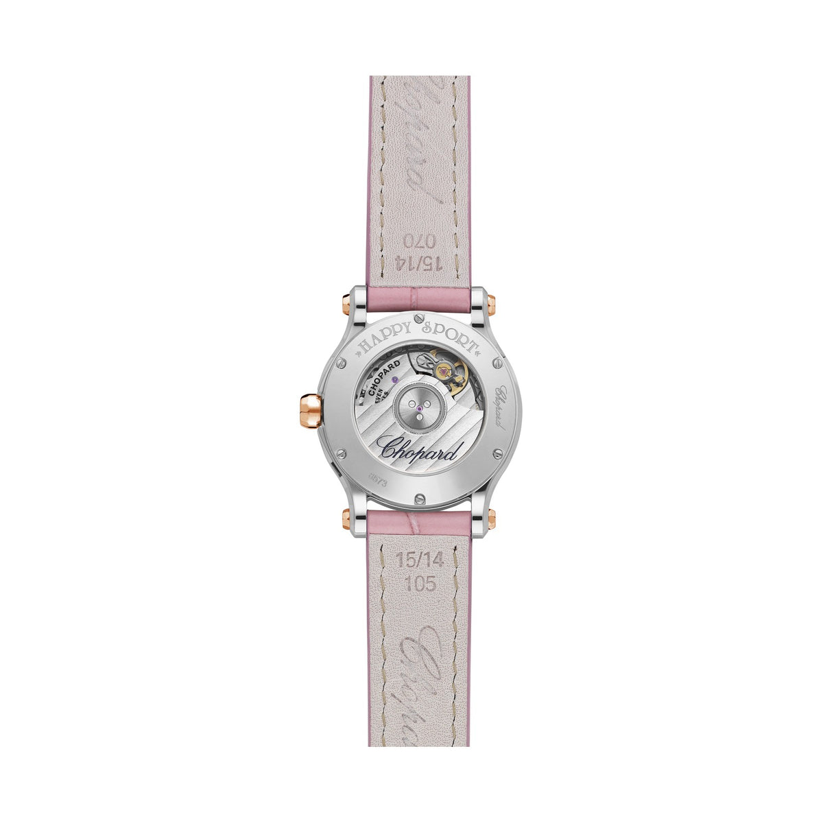 Chopard Happy Sport watch in 18k ethical rose gold and stainless steel with moving diamonds and sapphires, view 2